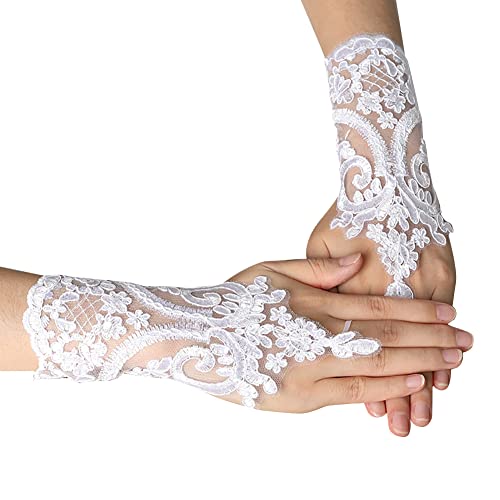 MoreChioce Vintage Spitze Hochzeitshandschuhe, Damen Brauthandschuhe Kurz Spitzenhandschuhe Fingerlose Handschuhe Blumenmuster Braut Handschuhe Halbhandschuhe für Hochzeiten Party,Weiß von MoreChioce