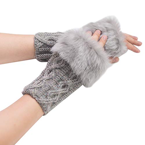 MoreChioce Winter Gestrickte Handschuhe,Damen Kunstpelz Armstulpen Pulswärmer Strick Armwärmer Kurz Handwärmer Stulpen Armmanschette,Hell Grau von MoreChioce