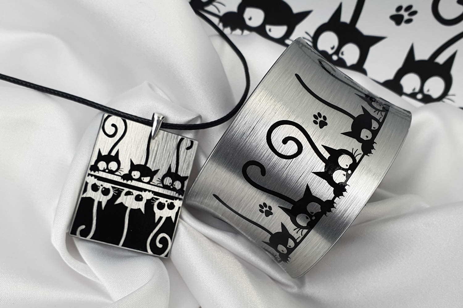 Lustige Katzen Manschette Armband Und Anhänger Halskette Set, Handgemachte Schmuck Frauen Geschenk, Schwarze Silber Statement Arm von MoreThanJewelDesign