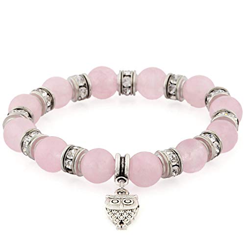 Morella Damen Armband Steinperlen mit Anhänger Eule und Zirkoniasteinen elastisch rosa von Morella