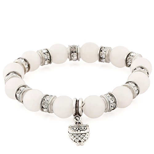 Morella Damen Armband Steinperlen mit Anhänger Eule und Zirkoniasteinen elastisch weiß von Morella