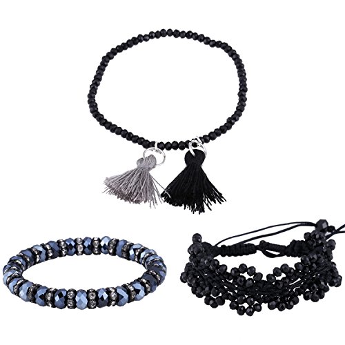 Morella Damen Armband Set 3 Armbänder mit Stoff Quasten und geschliffenen Glasperlen schwarz anthrazit von Morella