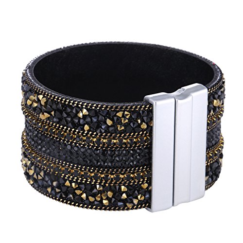 Morella Damen Glitzerarmband breit verziert mit Zirkoniasteinen und Magnetverschluss schwarz Gold von Morella