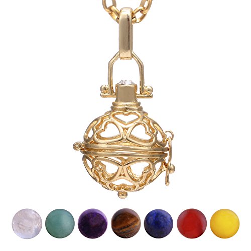 Morella Damen Halskette 70 cm Edelstahl Gold mit Anhänger Herzen und 7 Edelsteinen Chakren-Kugeln in Schmuckbeutel von Morella