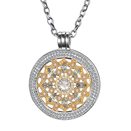 Morella Damen Halskette 70 cm Edelstahl und Zirkonia Anhänger mit Coin Blüte Zirkonia Gold 33 mm im Schmuckbeutel von Morella