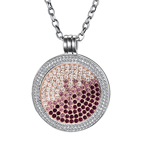 Morella Damen Halskette 70 cm Edelstahl und Zirkonia Anhänger mit Coin Zirkoniasteine violett-rosa-Silber 33 mm im Schmuckbeutel von Morella