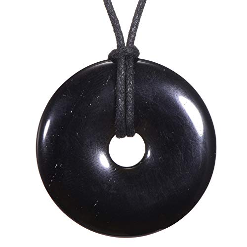 Morella Damen Halskette 80 cm Donut Edelstein Anhänger schwarzer Obsidian im Samtbeutel von Morella