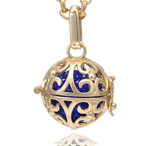 Morella Damen Halskette Edelstahl Gold 70 cm mit Ornament Anhänger Gold und Klangkugel Zirkonia blau Ø 16 mm in Schmuckbeutel von Morella