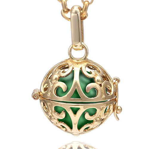 Morella Damen Halskette Edelstahl Gold 70 cm mit Ornament Anhänger Gold und Klangkugel grün Ø 16 mm in Schmuckbeutel von Morella