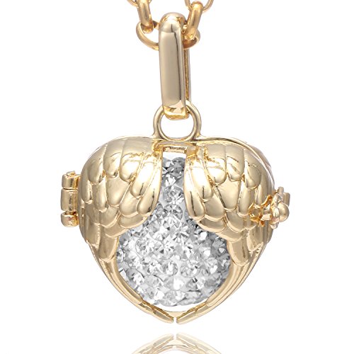 Morella Damen Halskette Edelstahl Gold 70 cm mit Schutzengel Flügel Anhänger Gold und Klangkugel Zirkonia weiß Ø 16 mm in Schmuckbeutel von Morella