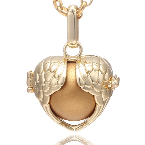 Morella Damen Halskette Edelstahl Gold 70 cm mit Schutzengel Flügel Anhänger Gold und Klangkugel Gold Ø 16 mm in Schmuckbeutel von Morella