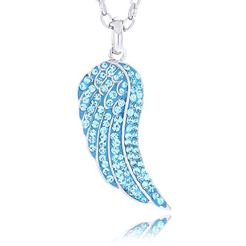 Morella Damen Halskette Engelsflügel mit Zirkoniasteinen hellblau und Samtbeutel von Morella