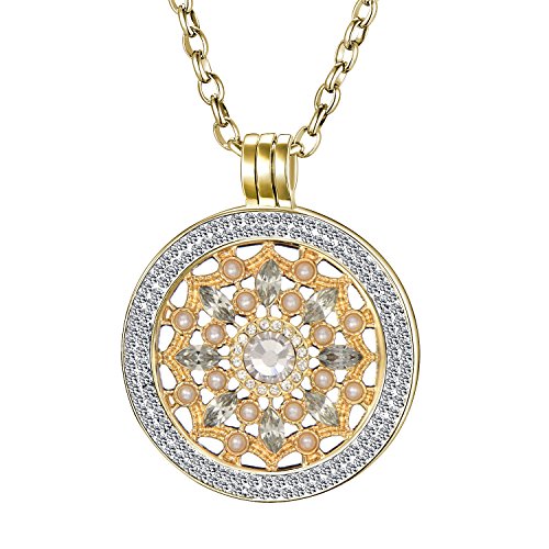 Morella Damen Halskette Gold 70 cm Edelstahl und Zirkonia Anhänger mit Coin Blüte Zirkonia Gold 33 mm im Schmuckbeutel von Morella