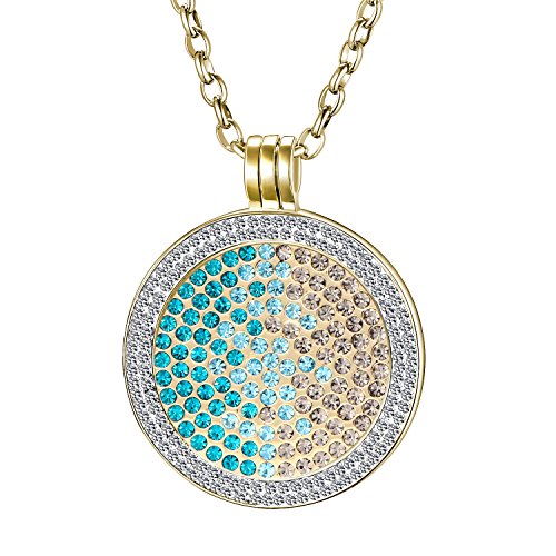 Morella Damen Halskette Gold 70 cm Edelstahl und Zirkonia Anhänger mit Coin Zirkoniasteine grün-blau-Silber 33 mm im Schmuckbeutel von Morella