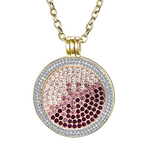 Morella Damen Halskette Gold 70 cm Edelstahl und Zirkonia Anhänger mit Coin Zirkoniasteine violett-rosa-Silber 33 mm im Schmuckbeutel von Morella