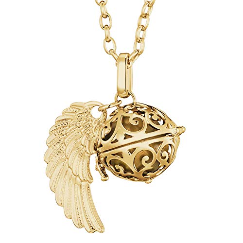 Morella Damen Halskette Gold Edelstahl 70 cm mit goldenem Anhänger Engelsflügel und Klangkugel Gold Ø 16 mm in Schmuckbeutel von Morella