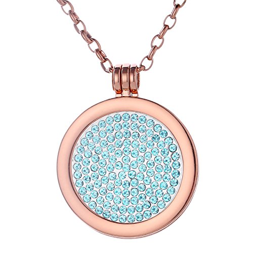 Morella Damen Halskette Rosegold 70 cm Edelstahl mit Amulett und Coin 33 mm Glitzersteine hellblau in Schmuckbeutel von Morella