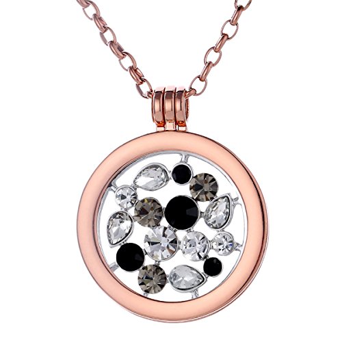 Morella Damen Halskette Rosegold 70 cm Edelstahl mit Anhänger und Coin 33 mm Glitzerwelt schwarz Silber in Schmuckbeutel von Morella