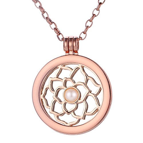 Morella Damen Halskette Rosegold 70 cm Edelstahl mit Amulett und Coin 33 mm Blume Lotus in Schmuckbeutel von Morella