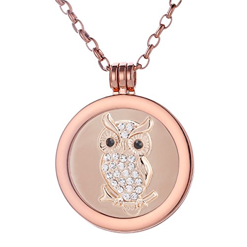 Morella Damen Halskette Rosegold 70 cm Edelstahl mit Amulett und Coin 33 mm Eule Rosegold in Schmuckbeutel von Morella