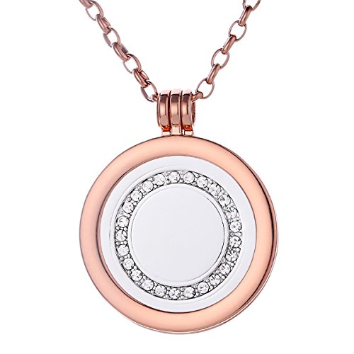 Morella Damen Halskette Rosegold 70 cm Edelstahl mit Amulett und Coin 33 mm Glitzersteinring in Schmuckbeutel von Morella