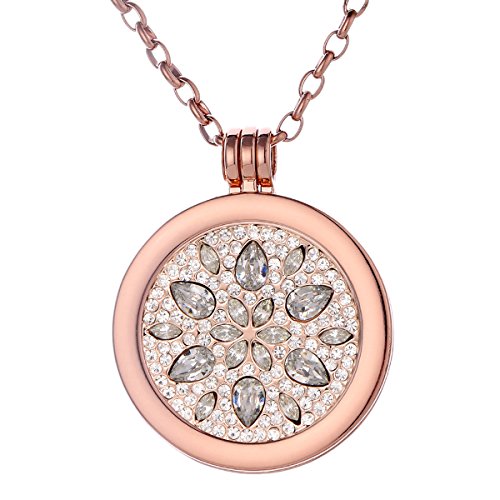 Morella Damen Halskette Rosegold 70 cm Edelstahl und Anhänger mit Coin Blüte Zirkonia Silber 33 mm im Schmuckbeutel von Morella