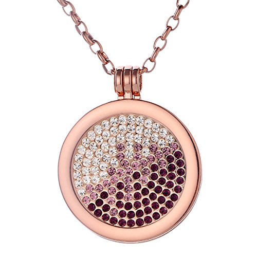 Morella Damen Halskette Rosegold 70 cm Edelstahl und Anhänger mit Coin Zirkoniasteine violett-rosa-Silber 33 mm im Schmuckbeutel von Morella