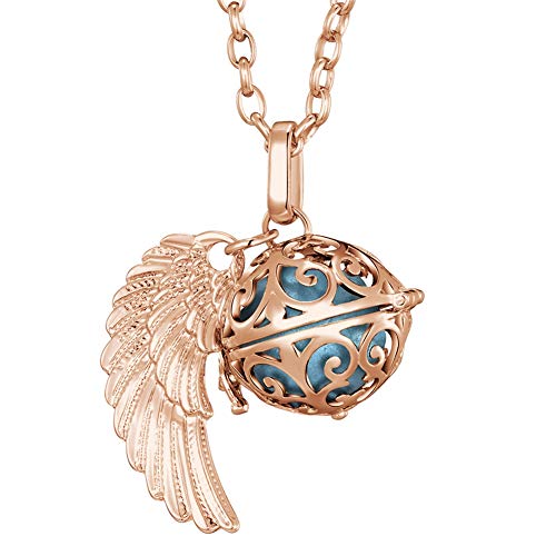 Morella Halskette Damen roségold Edelstahl 70 cm mit roségoldenem Anhänger Engelsflügel und Klangkugel hellblau Ø 16 mm in Schmuckbeutel von Morella