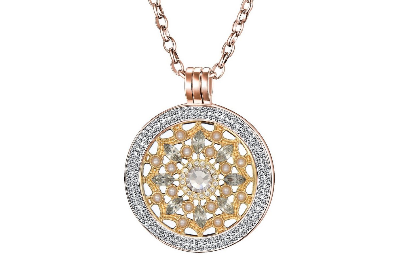 Morella Kette mit Anhänger Coinkette Halskette roségold 70 cm für 33 mm Coins (2-tlg), Zirkoniakette inkl. austauschbarem Coin, roségold, im Samtbeutel von Morella