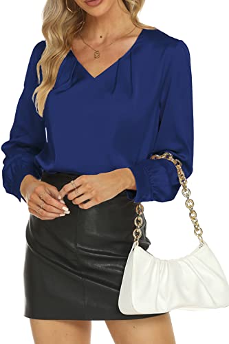 Moreone Damen Satin Seide Langarm Bluse V Ausschnitt Seidiges Hemd Arbeit Büro Blusen Business Casual Tops, navy, Klein von Moreone