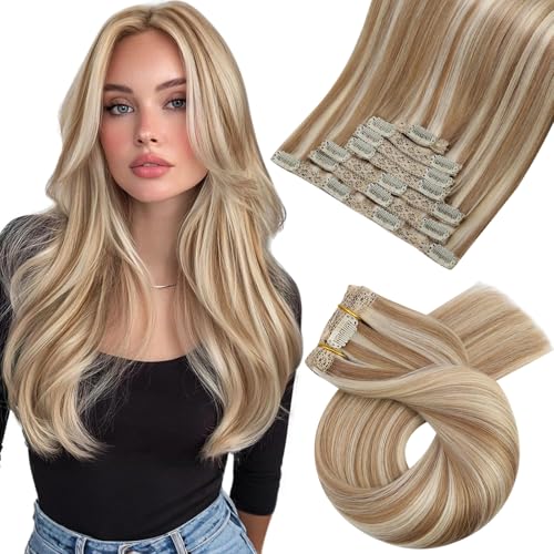 Moresoo Extensions Echthaar Clip in 50cm 120g Voller Kopf Haarcerlängerung mit Clips Hellbraun Highlight Platinblond Echthaar Tressen Clips Damen 120g/7Stück fur Langes Haar Moresoo Extensions Echthaar Clip in 50cm 120g Voller Kopf Haarcerlängerung mit Clips Hellbraun Highlight Platinblond Echthaar Tressen Clips Damen 120g/7Stück fur Langes Haar von Moresoo