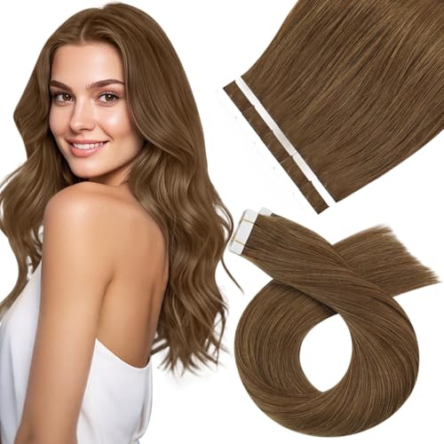 Moresoo Tape Extensions Echthaar Hellbraun, Extensions Echthaar Tape 40cm Unsichtbare Echthaar Tape Extensions Haarverlängerung Für Frauen 25g 10Pcs #8 von Moresoo