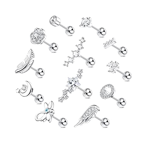 Morfetto 12 STÜCK 18 G Edelstahl Langhantel Helix Knorpel Ohrstecker CZ Blatt Libelle Blume Flügel Mond Stern Vorwärtshelix Tragus Daith Muschel Piercing Schmuck für Frauen Männer Silber von Morfetto