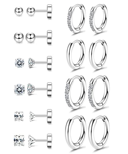 Morfetto 10 Paar winzige Knorpelohrstecker für Damen Herren Edelstahl Zirkonia Flatback Ohrringe Kleine Creolen Creolen Huggie Ohrringsets für mehrere Piercings Silber von Morfetto