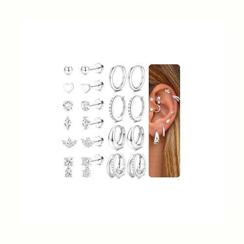 10Paar Ohrringe Gold Ohrstecker Silber Set | Chirurgenstahl Creolen Piercing Ohr Gold für Damen | Medizinische Ohrstecker für Helix Tragus Conch Piercings Golden Ohrringe Damen Wasserfest Silber CZ von Morfetto