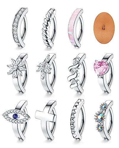 Morfetto 11 Stück Clicker Bauchnabelring für Frauen Chirurgenstahl CZ Herz Blume Opal Einfache Clicker Bauchringe Umgekehrter gebogener Nabel Langhantel Körper Piercing Schmuck Rosa von Morfetto