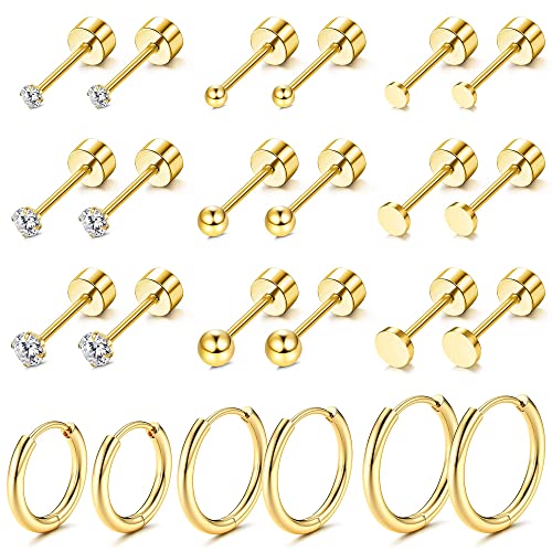 Morfetto 12 Paar winzige Ohrstecker Edelstahl Ohrringsets für mehrere Piercings Flache Rückseite Ohrringe Knorpel Kleine Creolen Gold von Morfetto
