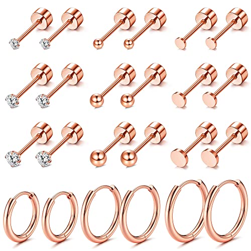 Morfetto 12 Paar Winzige Ohrstecker Ohrreifen Edelstahl Ohrringsets für Mehrere Piercings Flache Rückseite Ohrringe Knorpel Kleine Creolen Rose Gold von Morfetto