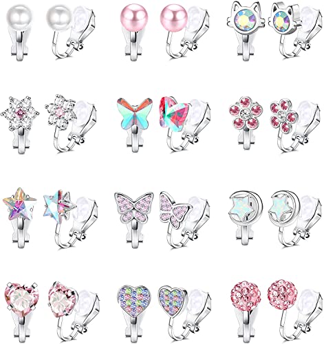 Morfetto 12 Paar Ohrclips für Mädchen Frauen Schmetterling Blume Herz Regenbogen Katze Mehrfarbige nicht durchbohrte Ohrringe Süße Ohrclips Set Silber von Morfetto