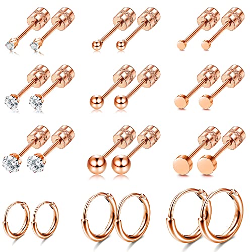 Morfetto Winzige Kugel CZ Ohrstecker aus chirurgischem Stahl mit Schraubverschluss für Damen Herren 14 Karat vergoldete kleine Huggie-Creolen für mehrere Piercings Rosegold von Morfetto