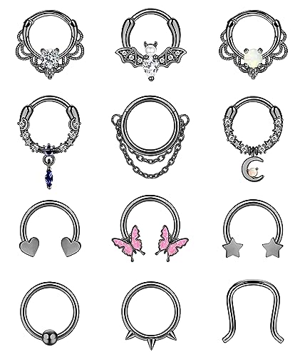 Morfetto 12 STÜCK 16 G Septumringe für Damen Edelstahl Tragus Helix Knorpel Creolen Aufklappbare Nasenringe Hoop Hufeisen Daith Septum Piercing Schmuck Schwarz von Morfetto