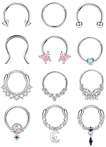 Morfetto 12 Stück 16 G Septumringe für Frauen Männer Chirurgenstahl Baumeln Septum Nasenschmuck Hufeisen Daith Helix Tragus Knorpel Ohrringe Hoop Nasenseptum Piercing Schmuck Silber von Morfetto