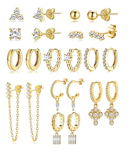 Morfetto Ohrringe Sets für mehrere Piercings 14K vergoldete Huggies Reifen Ohrstecker Ohrringe für Frauen Mädchen Kleine hypoallergene minimalistische Kettenreife CZ Ball Golden Ohrringe Sets von Morfetto