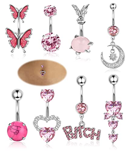 Morfetto 14G Bauchnabelring für Frauen Chirurgenstahl Bauch Langhantel Piercing Schmuck CZ Herz Schmetterling Bauchring Nabelringe Packung Rosa A von Morfetto