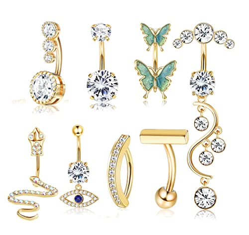 Morfetto 14G Clicker Bauchnabelringe für Frauen Edelstahl Baumeln Bauchringe Böser Blick Schlangenbauchringe Gebogener Nabel Langhantel Piercing Schmuck Gold von Morfetto