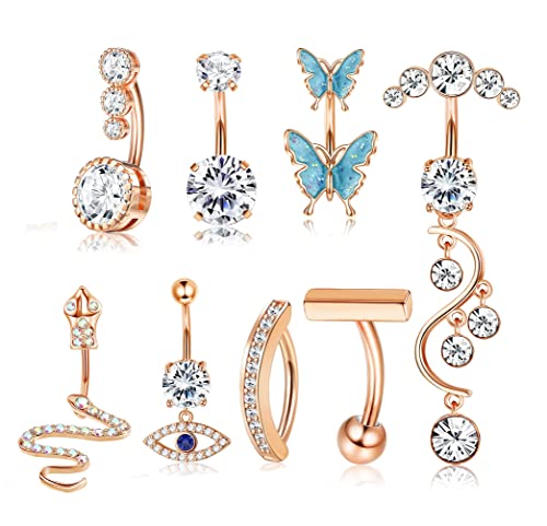 Morfetto 14G Clicker Bauchnabelringe für Frauen Edelstahl Baumeln Bauchringe Böser Blick Schlangenbauchringe Gebogener Nabel Langhantel Piercing Schmuck Rose Gold von Morfetto