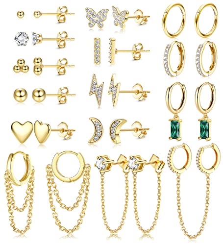 Morfetto Tiny Gold Ohrstecker 14K Gold Plattiert Ohrringe Mit Anhänger Mode Ohrringe Set Kleine Ohrstecker Damen Set Mini Creolen Gold Anhänger Ball Mond Mit Kette Ohrringe Set von Morfetto