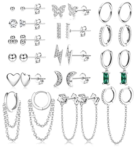 Morfetto Tiny Silber Ohrstecker 14K Gold Plattiert Ohrringe Mit Anhänger Mode Ohrringe Set Kleine Ohrstecker Damen Set Mini Creolen Silber Anhänger Ball Mond Mit Kette Ohrringe Set von Morfetto