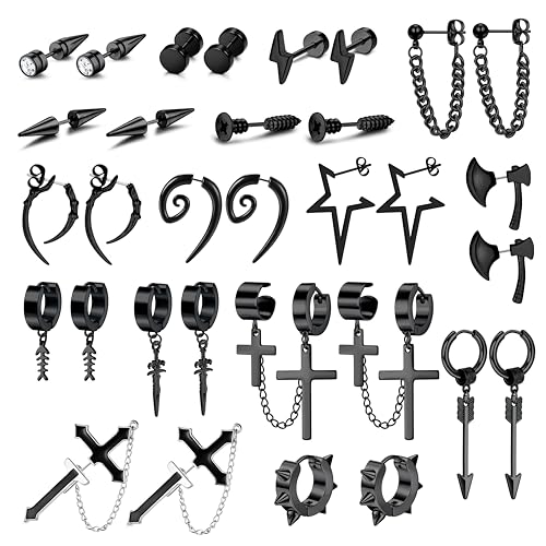 Morfetto 16 Paar Edelstahl Ohrringe Schwarze Für Herren Damen - Hypoallergen Creolen Ohrringe Kreuz Baumelnde Ketten Ohrstecker Creolen Schmuck Piercing Set von Morfetto