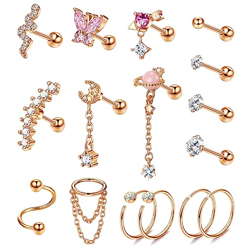 Morfetto Helix Ohrringe 16G Knorpelohrring Chirurgenstahl Helix Piercing Schmuck Muschel Tragus Creolen Knorpel Helix Piercing Schmuck für Frauen RoseGold von Morfetto